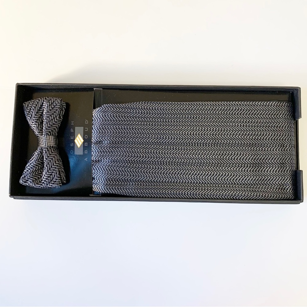 Joseph Abboud Bowtie and Cummerbund Set Herringbone Charcoal Grey
